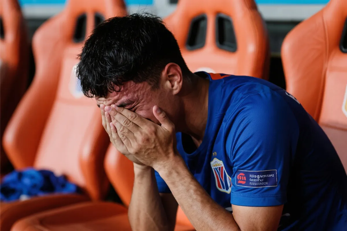 替补席上一名球员掩面流泪,近景,情感真实