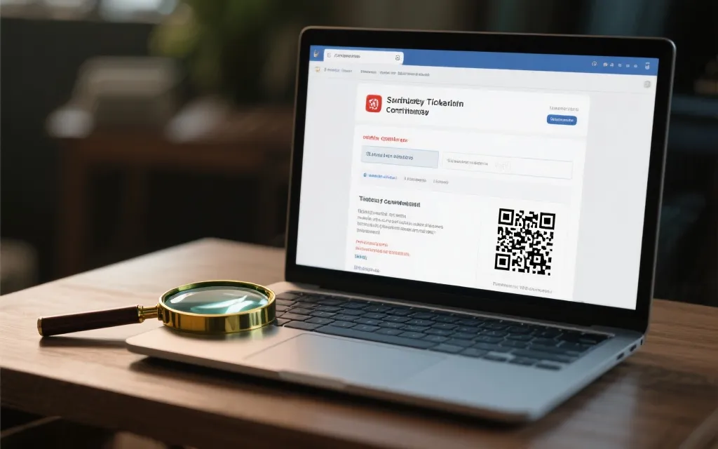 笔记本屏幕上显示可疑门票邮件与二维码，旁边放着放大镜和便签